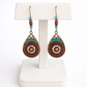 Boho Teardrop Mandala Earrings Copper Tone Multicolor Beaded